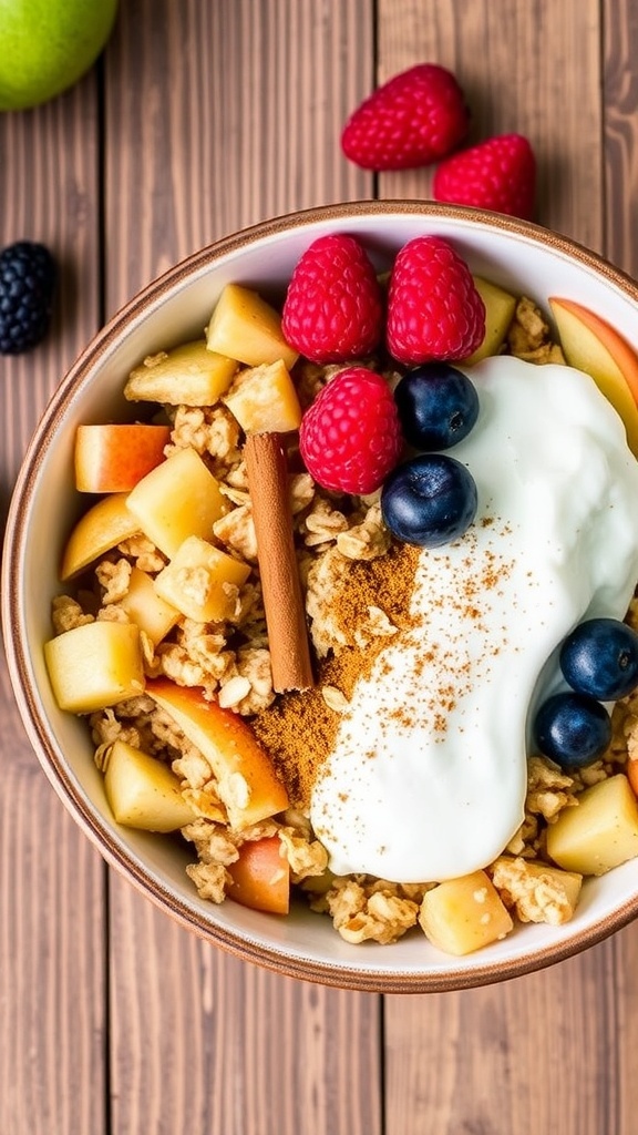A bowl of apple crumble protein with diced apples, oats, Greek yogurt, and berries on a wooden table.